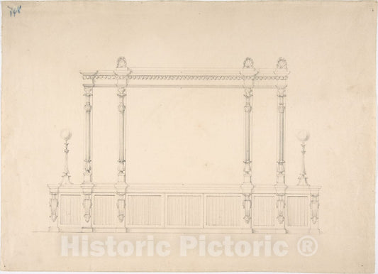 Art Print : British, 19th Century - Design for a Very Large Cabinet, with Renaissance Ornament and Lamps : Vintage Wall Art