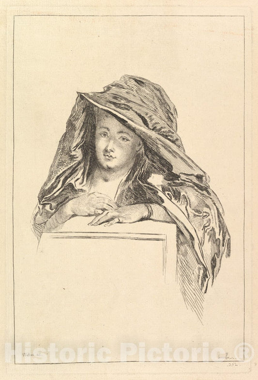 Art Print : François Boucher - Bust Portrait of a Woman Wearing a Hooded Mantle : Vintage Wall Art