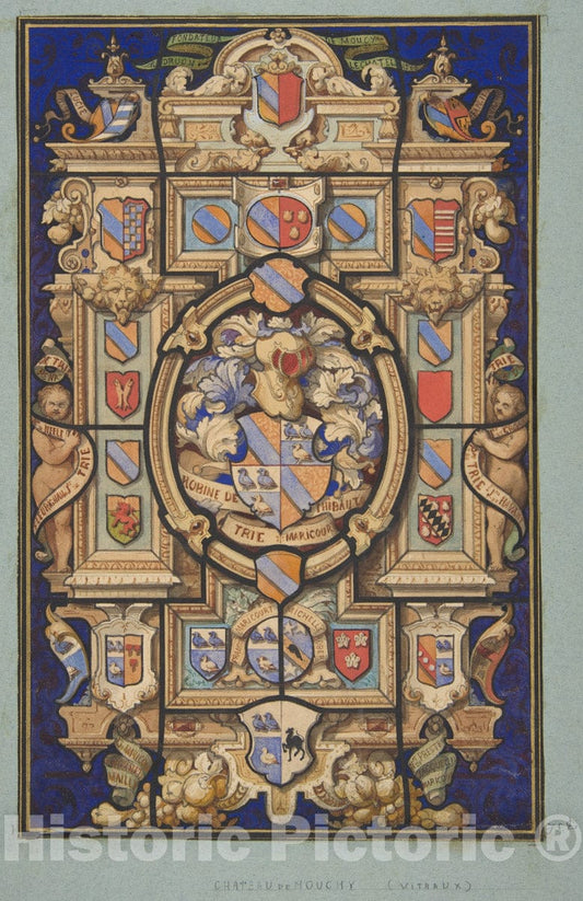 Art Print : Jules-Edmond-Charles Lachaise - Design for a Stained Glass Window with Heraldic Designs for The Chateau Mouchy (Oise) : Vintage Wall Art