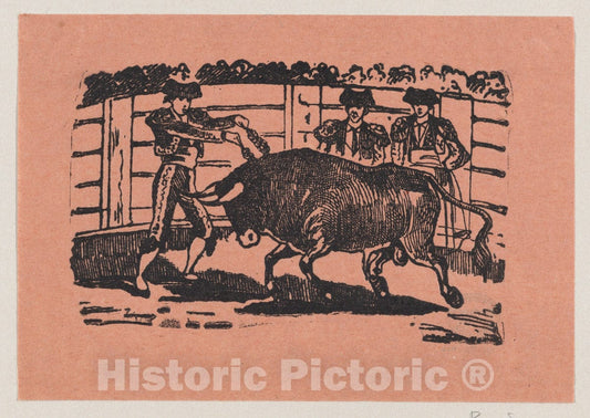 Art Print : José Guadalupe Posada - A torero Placing banderillas into The Bull's Shoulders While Two Men Stand Behind The Bull : Vintage Wall Art