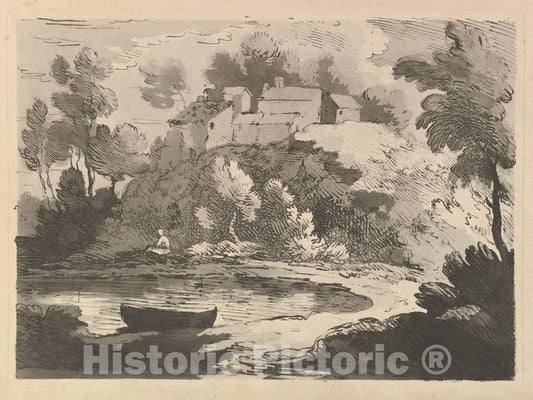 Art Print : Thomas Rowlandson - Hilly River Landscape, a Boat in The Water at Foreground Left, a Figure on The Far Shore, Houses on a Wooded Hill Beyond : Vintage Wall Art