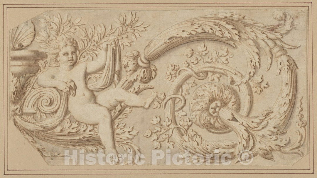 Art Print : French, 17th Century - Design for a Frieze with Putto and Acanthus Scroll : Vintage Wall Art