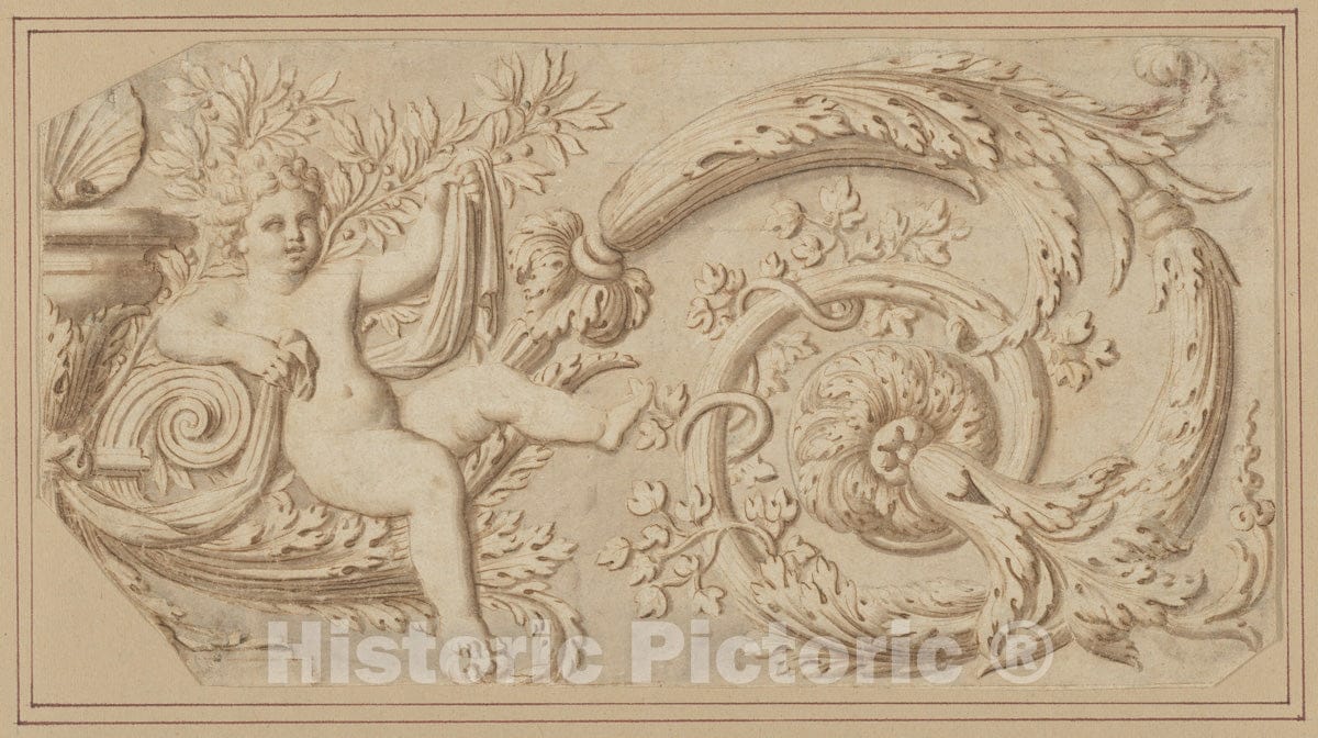Art Print : French, 17th Century - Design for a Frieze with Putto and Acanthus Scroll : Vintage Wall Art