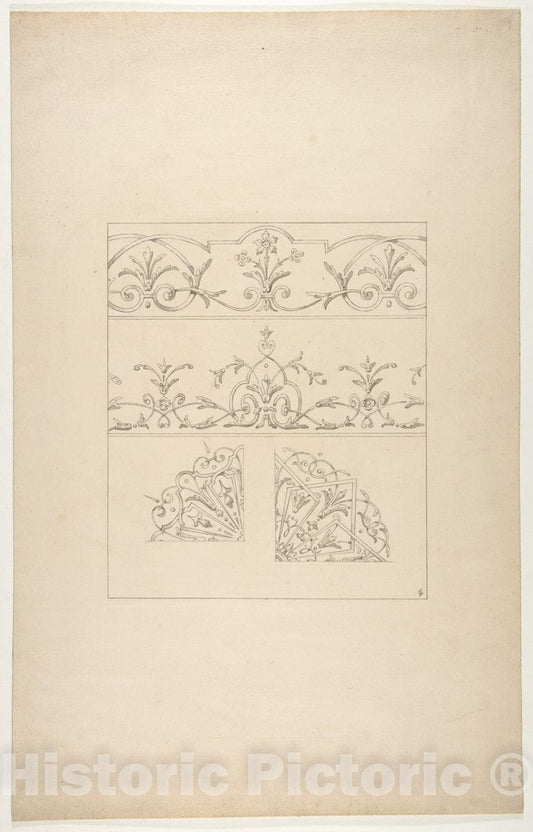 Art Print : Jules-Edmond-Charles Lachaise - Four Designs for Decorative patters Featuring Foliage, Flowers, and Scrolls : Vintage Wall Art