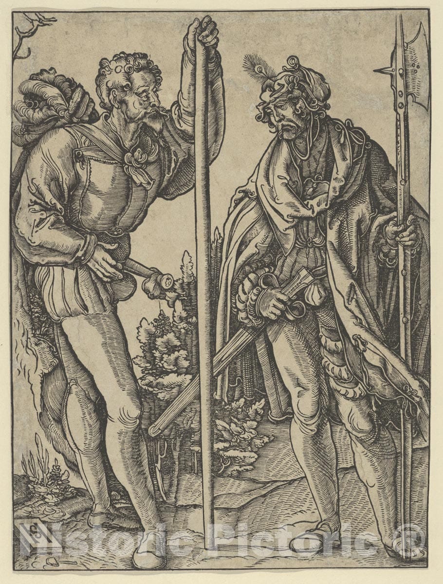 Art Print : Hans Schäufelein - Two Soldiers with Lance and Halberd Conversing 1 : Vintage Wall Art