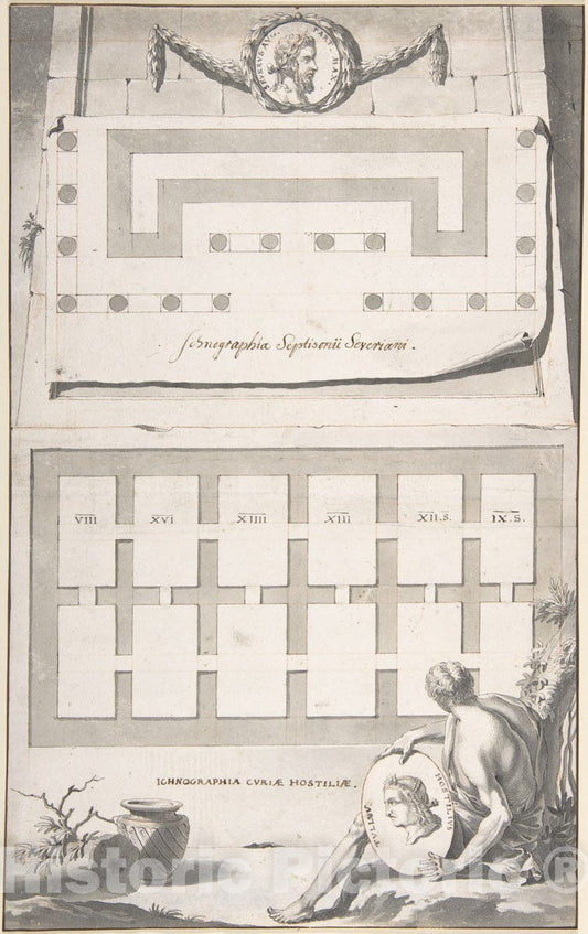 Art Print : Jan Goeree - Ichnographia (or groundplan) of The Arch of Septimius Severus (Above) and The Curia Hostilia (Below) : Vintage Wall Art
