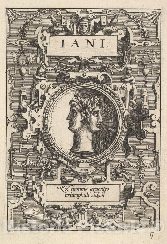 Art Print : Bust of Janus Surrounded by Strapwork - Artist: Philips Galle - Created: 1573 : Vintage Wall Art