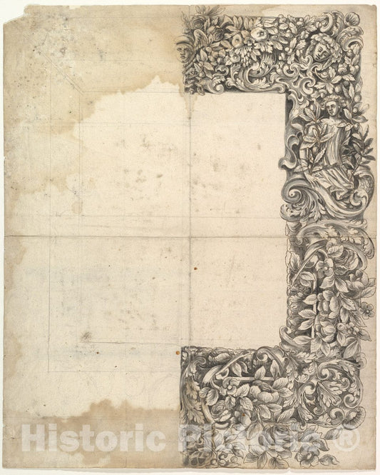 Art Print : British, 17th Century - Design for a Carved Mirror Frame (Right Side only) : Vintage Wall Art