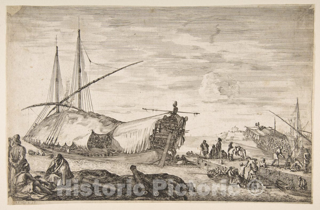 Art Print : A Galley Covered in Sails to Left - Artist: Stefano Della Bella - Created: 1655 : Vintage Wall Art