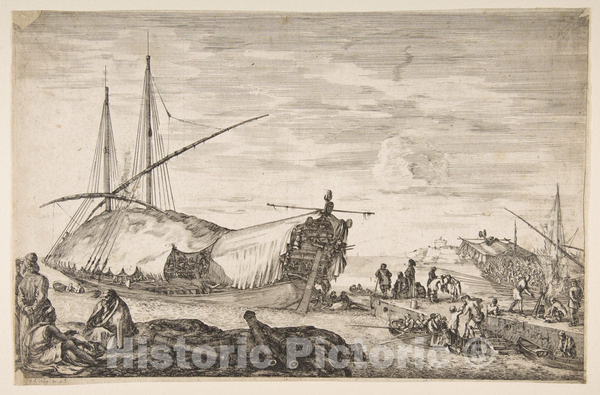 Art Print : A Galley Covered in Sails to Left - Artist: Stefano Della Bella - Created: 1655 : Vintage Wall Art