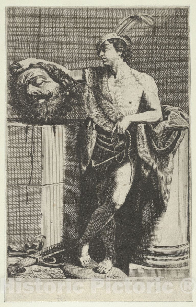 Art Print : Anonymous - David Standing with Crossed Legs and Holding The Head of Goliath on a Pedestal at Left, a Sword on The Ground, After Reni v.2 : Vintage Wall Art