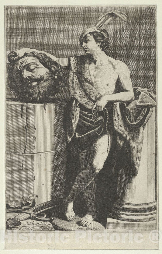 Art Print : Anonymous - David Standing with Crossed Legs and Holding The Head of Goliath on a Pedestal at Left, a Sword on The Ground, After Reni v.2 : Vintage Wall Art
