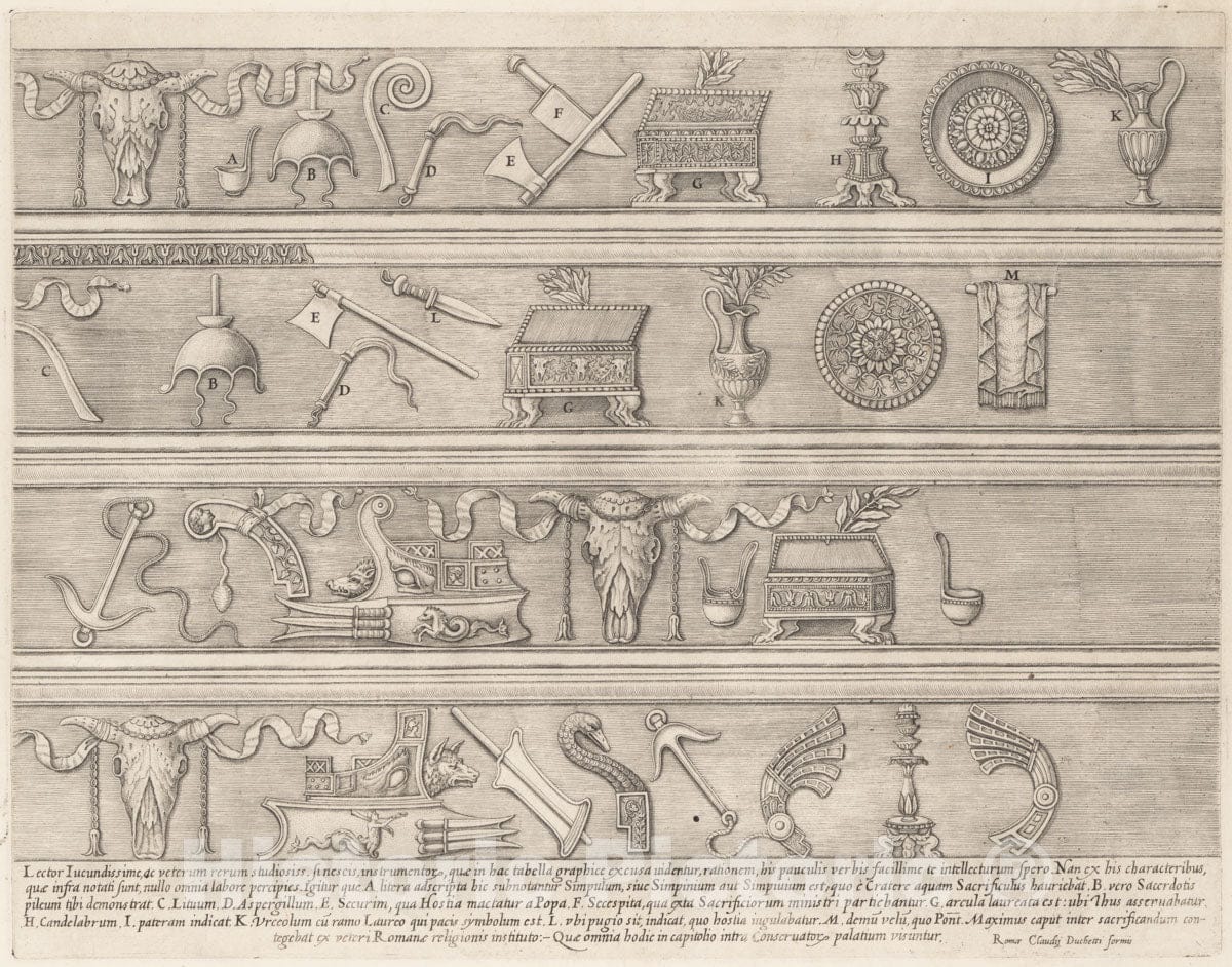 Art Print : Nicolas Beatrizet - Speculum Romanae Magnificentiae: Sacrificial Instruments Based on Ancient Relief Sculpture 2 : Vintage Wall Art