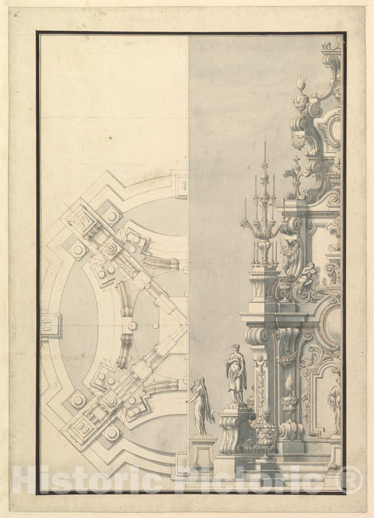 Art Print : Workshop of Giuseppe Galli Bibiena - Half Ground Plan and Half Elevation for a Catafalque for Duke Francesco of Parma (1694-1727) : Vintage Wall Art