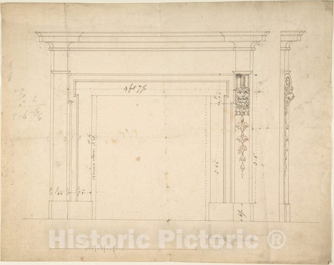 Art Print : Sir William Chambers - Design for a Chimneypiece 3 : Vintage Wall Art