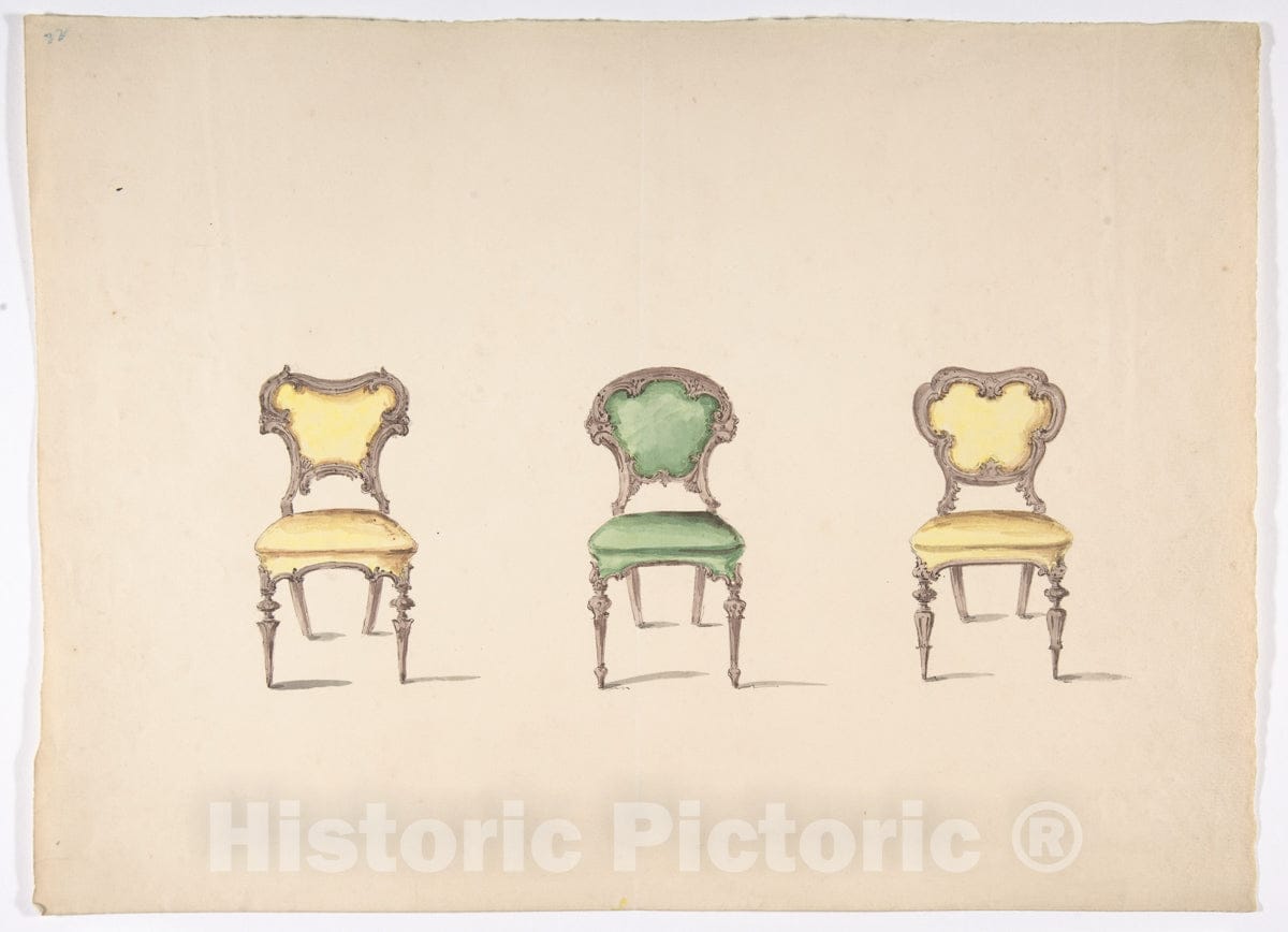 Art Print : British, 19th Century - Design for Three Chairs Upholstered in Green and Yellow : Vintage Wall Art