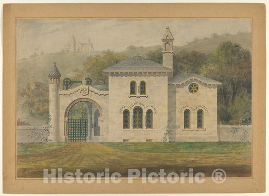 Art Print : Alexander Jackson Davis - Gate Lodge for Amos G. Hull, Newburgh, New York (Front Elevation) : Vintage Wall Art