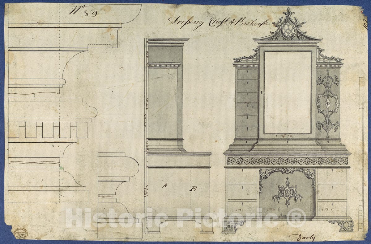 Art Print : Thomas Chippendale - Dressing Chest and Bookcase, from Chippendale Drawings, Vol. II : Vintage Wall Art
