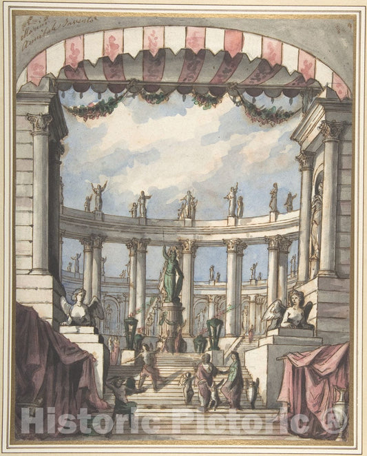 Art Print : Leonardo Marini - Design for a Stage Set: A Classical Courtyard and Colonnade with a Statue of Minerva : Vintage Wall Art