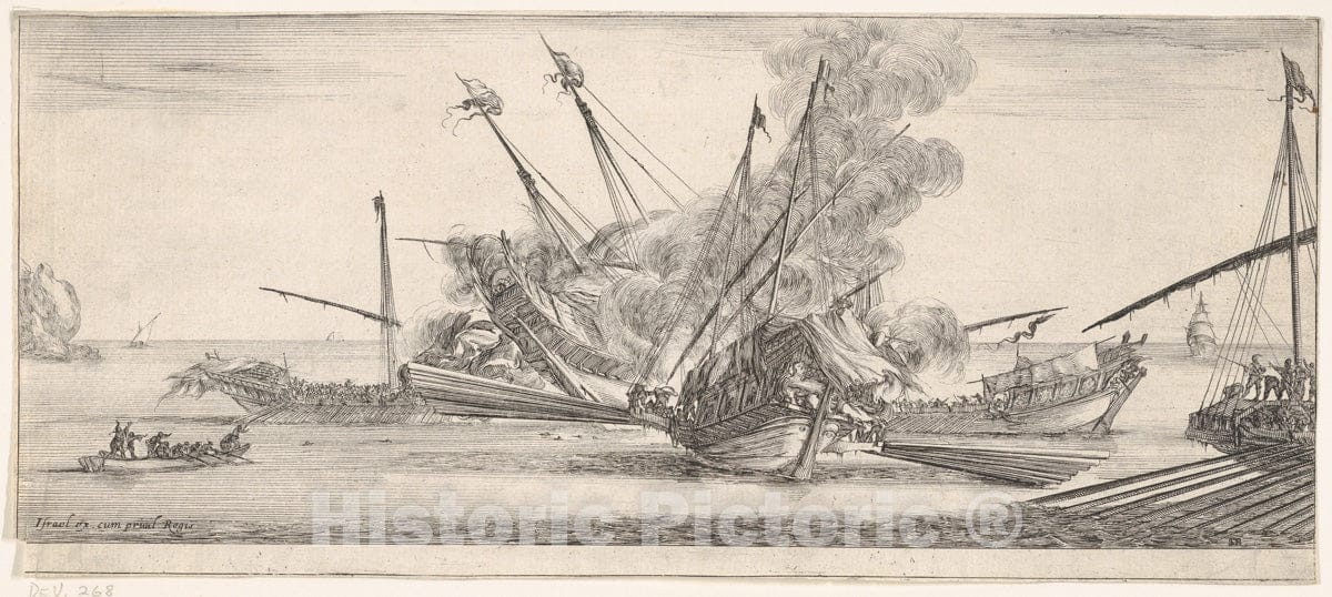 Art Print : Naval Combat, a Ship at Center, seen from Behind, Firing at Four Enemy Ships - Artist: Stefano Della Bella - Created: c1638 : Vintage Wall Art