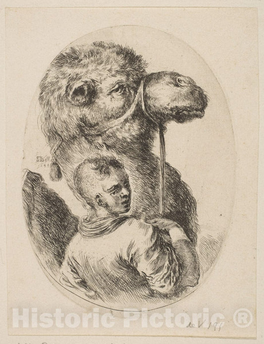 Art Print : Stefano Della Bella - A Slave Holds a Camel by The Bridle, from 'Several Heads in The Persian Style' (Plusieurs têtes coiffées à la persienne) : Vintage Wall Art