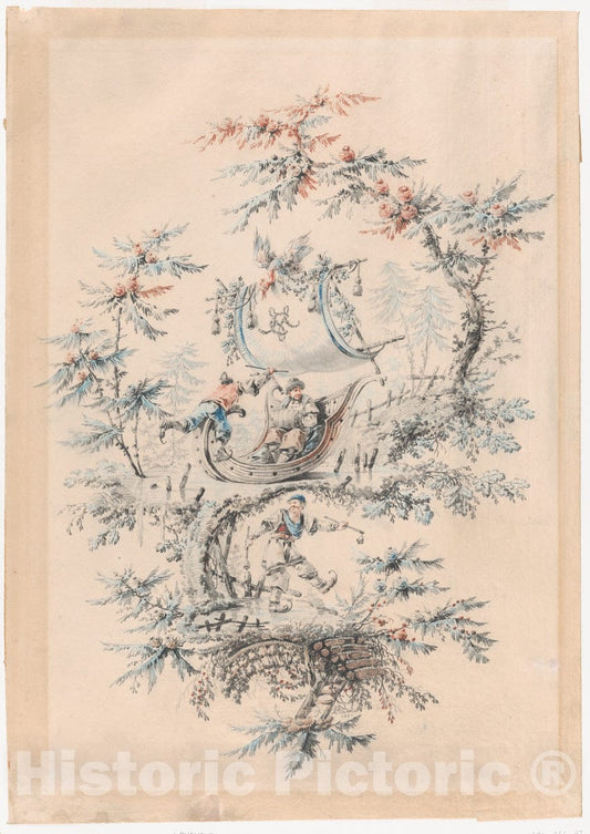 Art Print : Jean Pillement - Chinoiserie Fantasy with Skaters and an Exotic Figure in an Iceboat : Vintage Wall Art