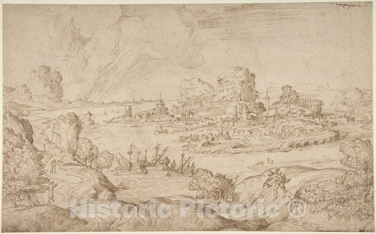 Art Print : Domenico Campagnola - Imaginary Coastal Landscape with Ruins : Vintage Wall Art