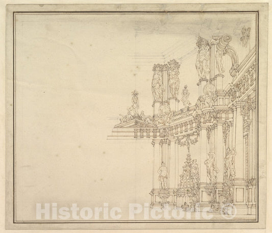 Art Print : Workshop of Giuseppe Galli Bibiena - Design for a Stage Set: Palace Hall with Columns and Statues. : Vintage Wall Art