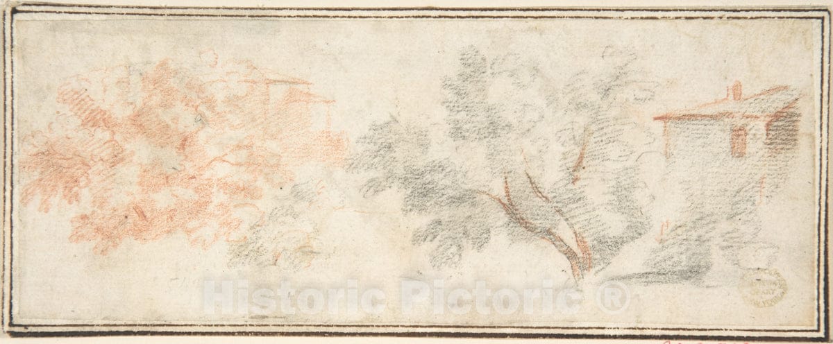 Art Print : Italian, Roman-Bolognese, 17th Century - Trees and Houses : Vintage Wall Art