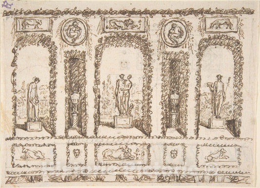 Art Print : Italian, 19th Century - Design for a Wall Decoration of a Conservatory or Grotto with Statues and Vases in Niches : Vintage Wall Art