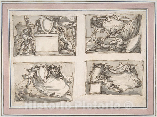 Art Print : Carlo Marchionni - Four Sketches of Putti Hanging Coat of Arms : Vintage Wall Art