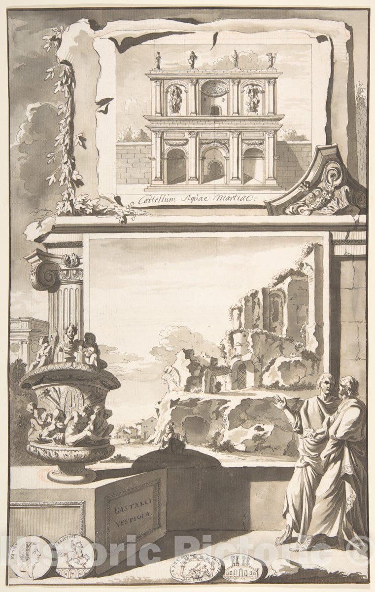 Art Print : Jan Goeree - A Reconstruction of The Castellum Aquiae Martiae (Above) and a View of The Ruins (Below) : Vintage Wall Art