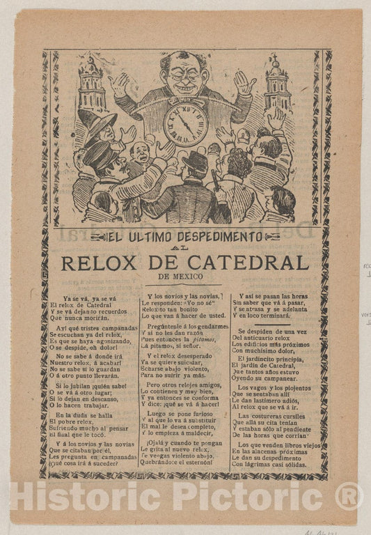 Art Print : José Guadalupe Posada - Broadsheet Relating to The New Clock Installed in The Cathedral in Mexico City in June 1905 : Vintage Wall Art