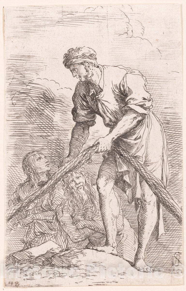 Art Print : Salvator Rosa - A Man Pulling a net with Two Figures Behind him, from The Series 'Figurine' : Vintage Wall Art