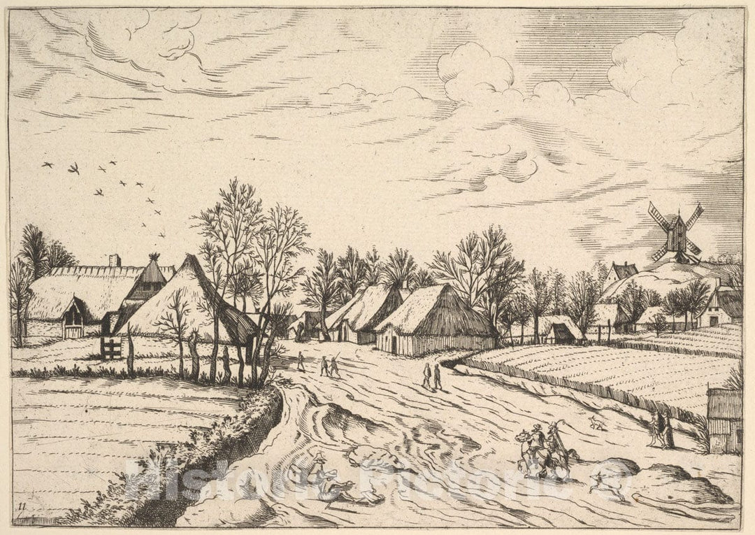 Art Print : Johannes Van Doetecum The Elder - Country Village with Post Mill from Multifariarum casularum ruriumque lineamenta curiose ad vivum expressa : Vintage Wall Art