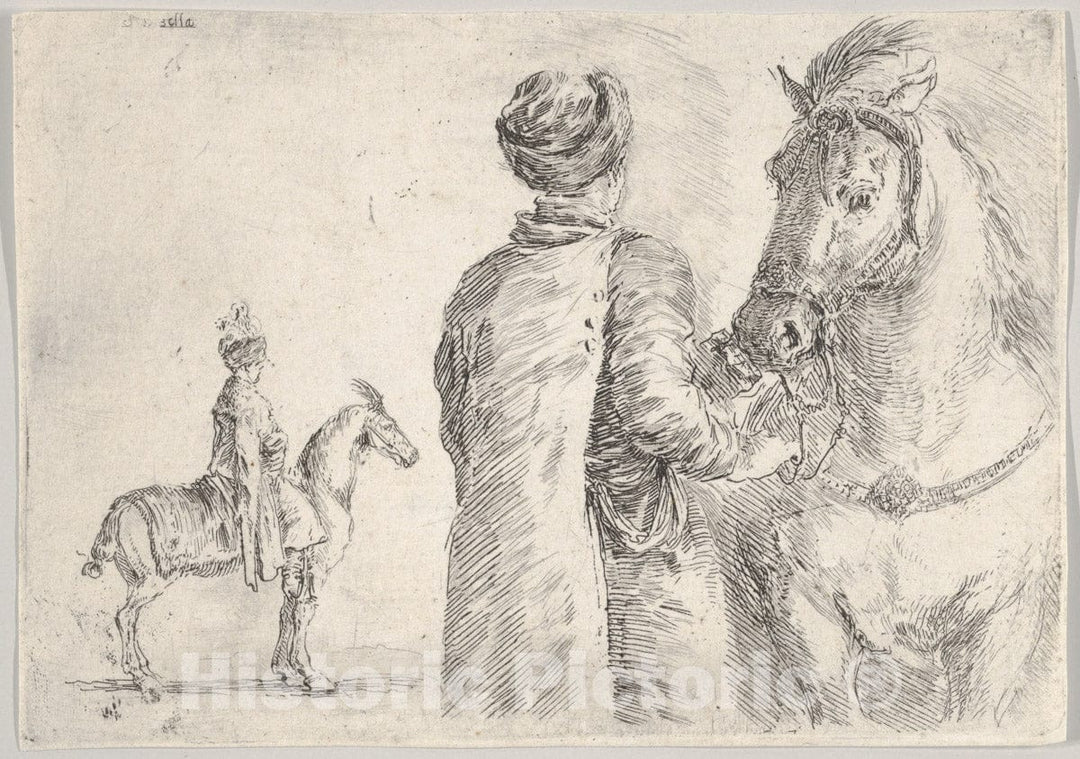 Art Print : Stefano Della Bella - A Polish Valet, seen from Behind, Holding The Bridle of a Horse to Right, a Polish Horseman in Profile to Left in The Background : Vintage Wall Art