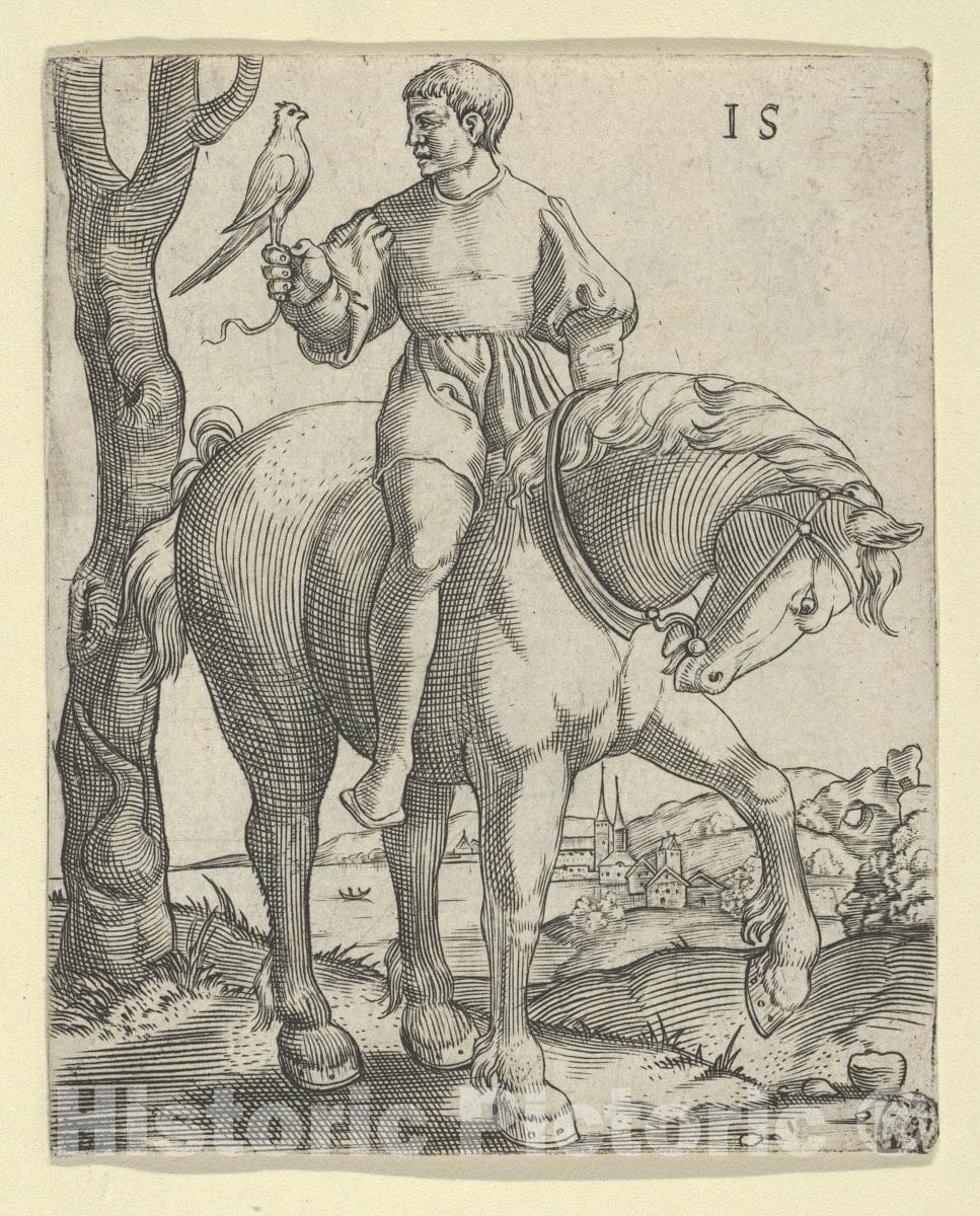 Art Print : Master is - Man on Horseback Holding a Falcon : Vintage Wall Art