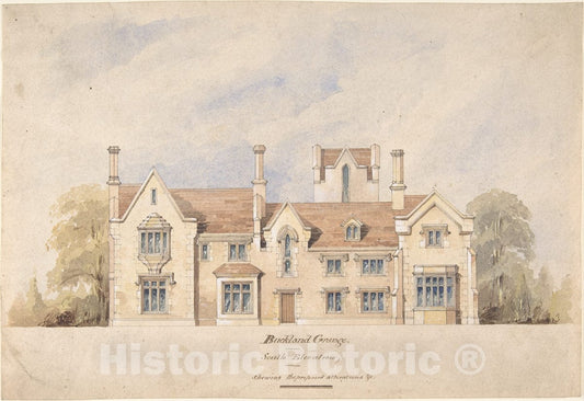 Art Print : British, 19th Century - Buckland Grange, Proposed Alterations, South Elevation : Vintage Wall Art