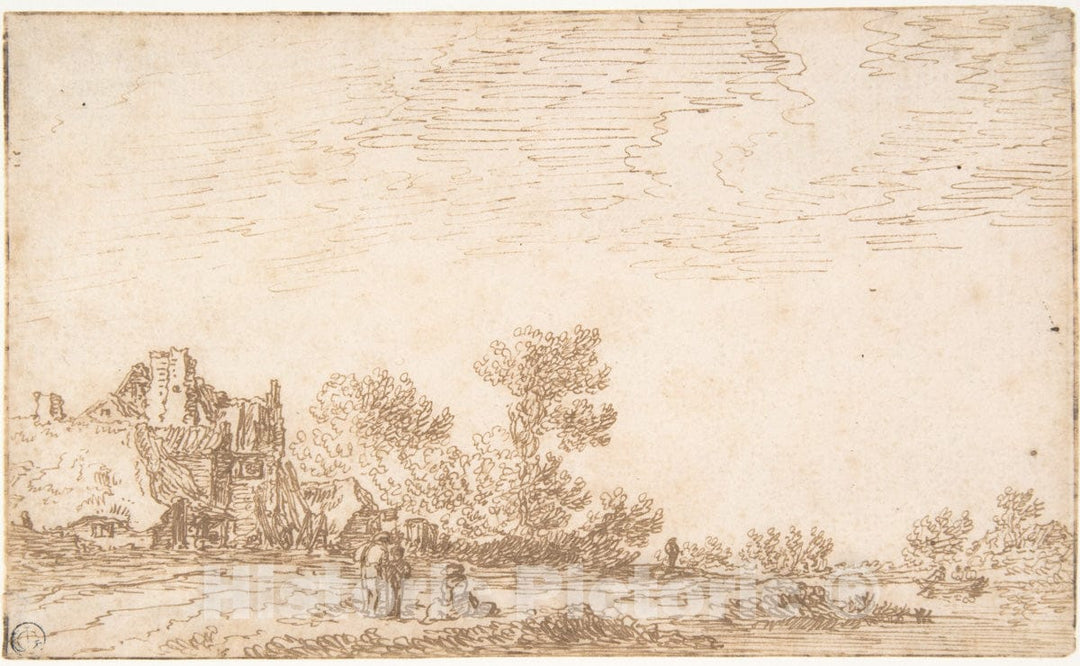 Art Print : Jan Van Goyen - Landscape with River and Three Figures : Vintage Wall Art