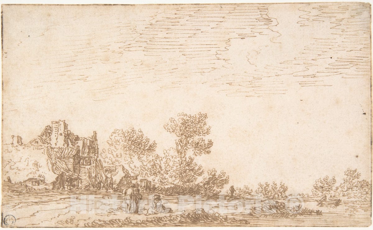 Art Print : Jan Van Goyen - Landscape with River and Three Figures : Vintage Wall Art