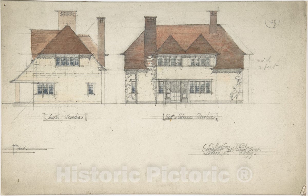 Art Print : Charles Edward Mallows - South Elevation and East or Entrance Elevation of a House : Vintage Wall Art