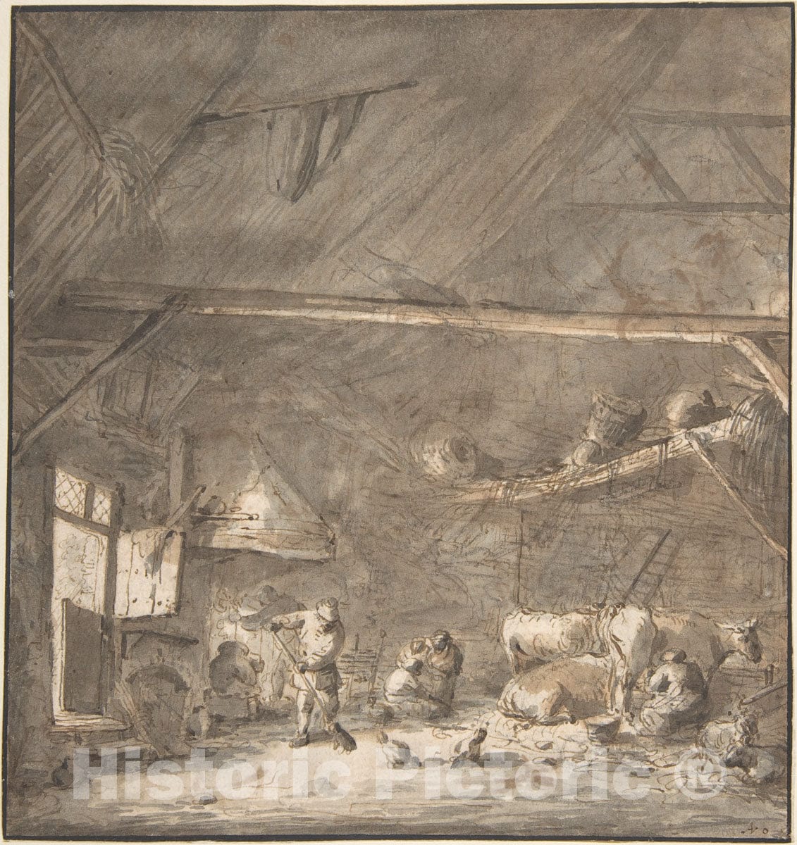 Art Print : Isaac Van Ostade - Barn Interior with Peasants and CowsVerso: Six Studies of Peasants : Vintage Wall Art