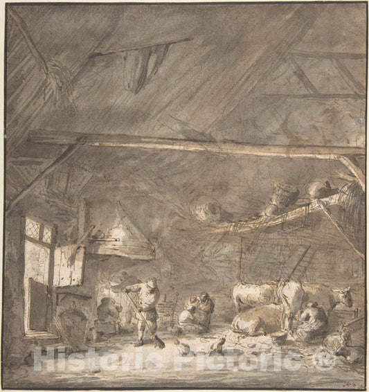 Art Print : Isaac Van Ostade - Barn Interior with Peasants and CowsVerso: Six Studies of Peasants : Vintage Wall Art