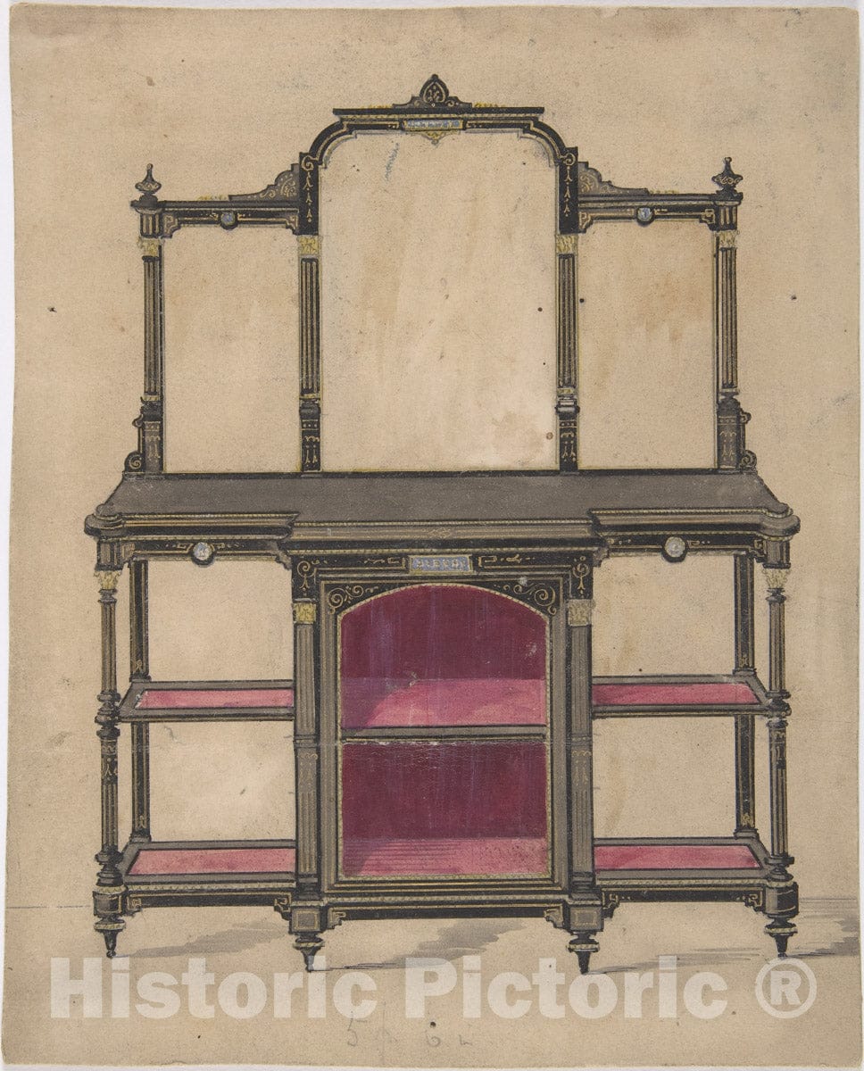 Art Print : British, 19th Century - Design for a Cabinet with Shelves and Mirrors : Vintage Wall Art