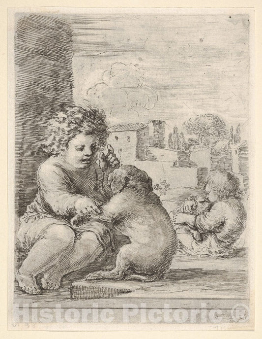Art Print : Child Teaching a Dog to sit - Artist: Stefano Della Bella - Created: c1660 : Vintage Wall Art