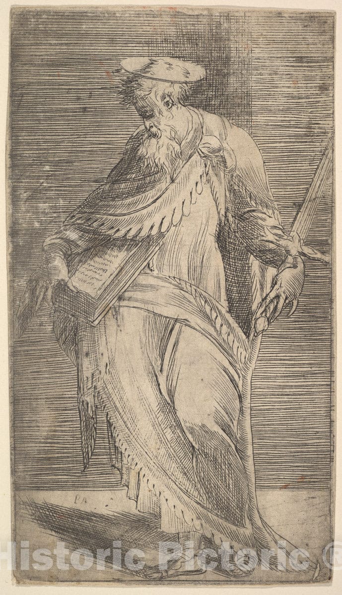 Art Print : Andrea Schiavone (Andrea Meldola) - Saint Paul Holding a Sword and Book, from 'Christ and The Apostles' : Vintage Wall Art
