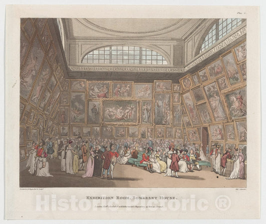 Art Print : Designed and Etched by Thomas Rowlandson - Exhibition Room, Somerset House (Microcosm of London, Plate 2) : Vintage Wall Art