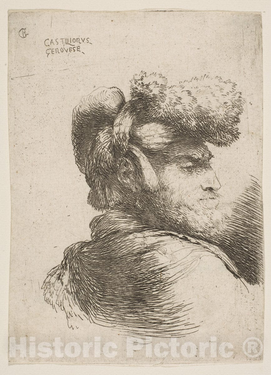 Art Print : Giovanni Benedetto Castiglione (Il Grechetto) - Head of a Bearded Man with a Turban, Facing Right : Vintage Wall Art