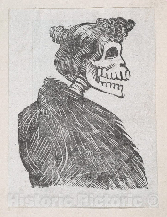 Art Print : Profile of a Female Skeleton with a Fur Vest - Artist: Jose Guadalupe Posada - Created: c1880 : Vintage Wall Art