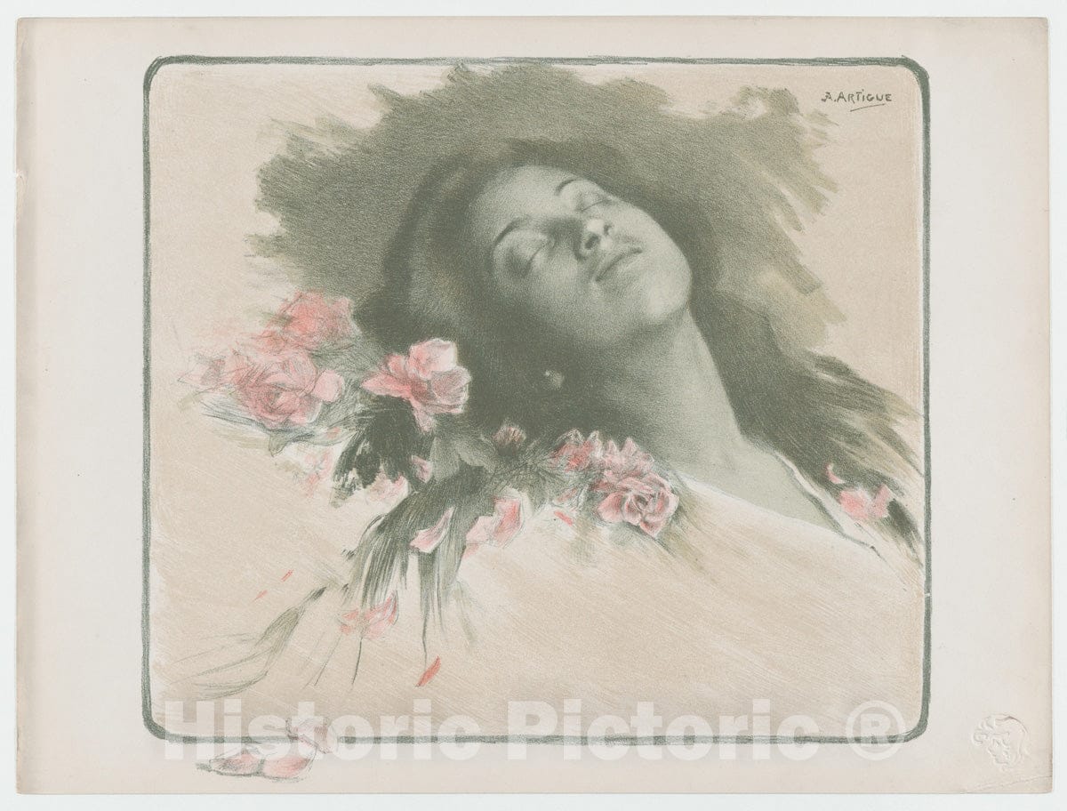 Art Print : Albert Emile Artigue - Woman with Roses : Vintage Wall Art